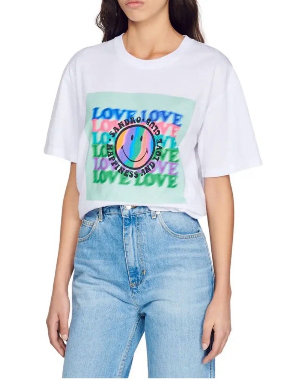 Sandro White Tee with Multicolor 'Love' Smiley Graphic